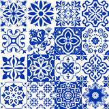 Fototapeta Kuchnia - Set of 16 tiles Azulejos in blue, white. Original traditional Portuguese and Spain decor. Seamless patchwork tile with Victorian motives. Ceramic tile in talavera style. Gaudi mosaic. Vector