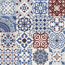 Set Of 16 Tiles Azulejos In Blue, Brown. Original Traditional Portuguese And Spain Decor. Seamless Patchwork Tile With Victorian Motives. Ceramic Tile In Talavera Style. Gaudi Mosaic. Vector
