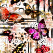 © zzorik - Watercolor butterflies seamless pattern. Insects, hand written text in abstract texture. Aquarelle red winged moth repeated background