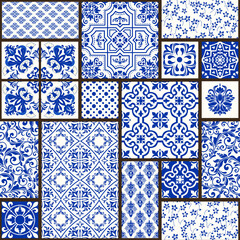  Seamless patchwork tile with Victorian motives. Majolica pottery tile, colored azulejo, original traditional Portuguese and Spain decor. Vector illustration for print wallpaper, fabric, paper, tile
