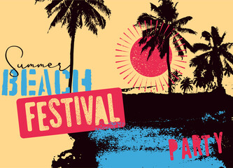Summer Beach Festival typographic grunge vintage poster design. Retro vector illustration.
