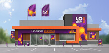 Purple Store Design With Orange Molecules. Elements Of Outdoor Advertising. Corporate Identity