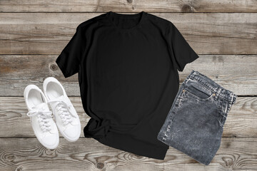 Flat Lays T-shirt mockup front short sleeve with beautiful background. Ready to replace your design	
