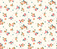 Floral Pattern. Pretty Flowers On White Background. Printing With Small Light Orange Flowers. Ditsy Print. Seamless Vector Texture. Spring Bouquet.