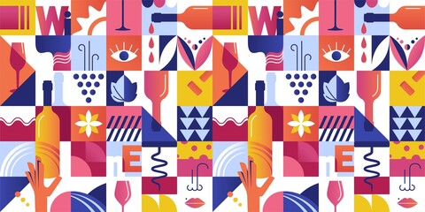 Abstract Seamless Pattern with Geometric Shapes and Wine Tasting Concept Elements. Vector illustration