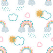 Seamless childish isolated pattern with rainbows, clouds and hearts, hand drawn vector illustration background . Scandinavian kids texture for fabric, wrapping, textile, apparel, design.