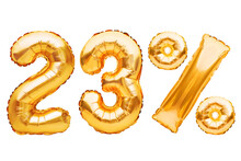 Number 23 Twenty Three And Percent Sign Made Of Golden Helium Inflatable Balloons Isolated On White. Gold Foil Numbers For Web And Advertising Banners, Posters, Flyers. Discounts, Sale, Black Friday