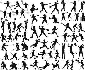 Wall Mural - Children girl and boy play sport hockey baseball basketball soccer volley golf cricket tennis vector silhouette collection