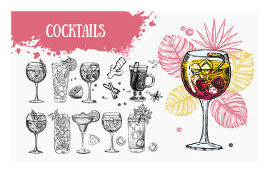 Wall Mural - Cocktail menu design template. Alcoholic cocktails hand drawn.	