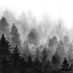 Foggy black forest. Minimalist landscape view. Watercolour illustration on white background.