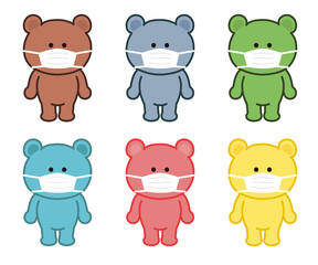  Set of colorful bears wearing a surgical or medical face mask. Vector illustration isolated on white background.