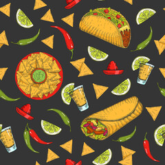 Seamless pattern with hand drawn Mexican food -  chili pepper,  guacamole, lime, jalapenos, nachos, tacos, burritos, tequila on black. Sketch. Cinco de Mayo 