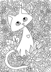 Doodle coloring book page cute cat in flowers. Antistress for adult.