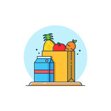 Fototapeta Młodzieżowe - Flat Outline Illustration Vector Graphic of Grocery Icon (Bag, Pineapple, Apple, Carrot, and Milk). Perfect for Your Apps Icon, Banner, etc.