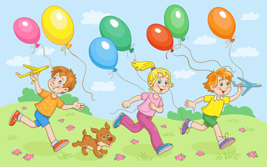 Poster - Children and small dog run with colorful balloons on a warm summer day. In cartoon style. Vector illustration.