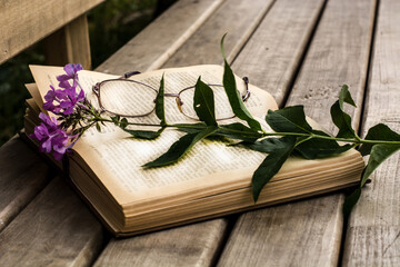 An open book lies on a wooden bench in the open air, with a purple flower and glasses.