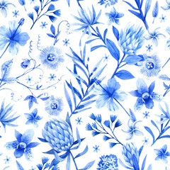 Fototapeta Hand-drawn watercolor seamless pattern with tropical flowers and leaves in blue tones. Tropical background with flowers of protea, hibiscus, pasiflora.