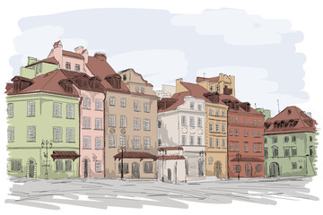 An old European city with colorful multi-story buildings. Many windows overlooking the street.