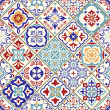 Seamless Ceramic Tile With Colorful Patchwork. Vintage Multicolor Pattern In Turkish Style. Endless Pattern Can Be Used For Ceramic Tile, Wallpaper, Linoleum, Textile, Web Page Background. Vector