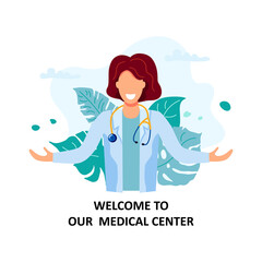 Smiling female doctor opens his hands. Welcome to our medical center. Flat cartoon style design. Vector illustration on white background.