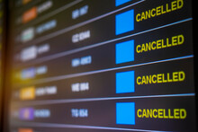 View Of Delayed And Cancelled Flight Display On Flight Boarding In Airport Due To Outbreak Of Covid-19