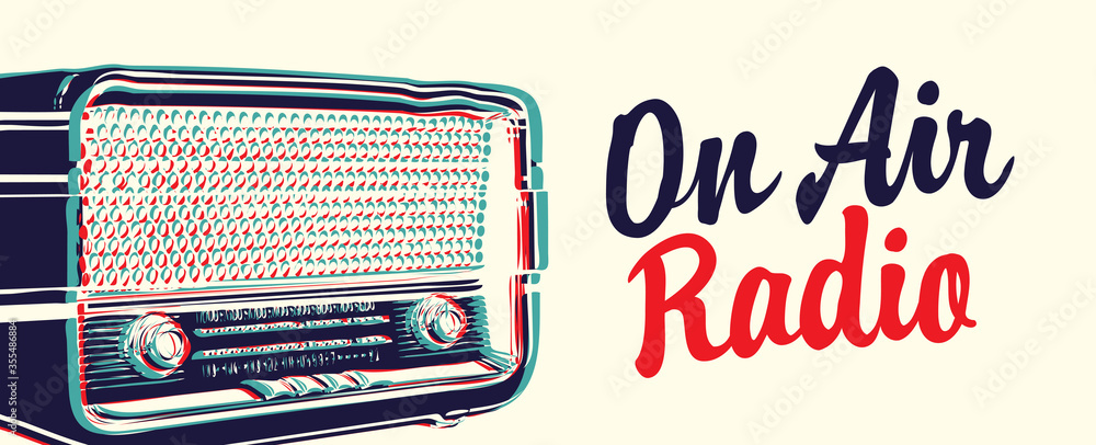 On air Radio broadcasting FM concept. Vector banner for radio station with a microphone, inscription and place for text in retro style. Suitable for poster, advertising, flyer - obrazy, fototapety, plakaty 
