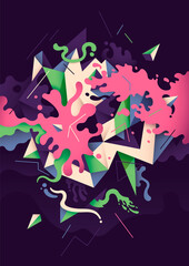 Abstract illustration with composition, made of various liquid and geometric shapes in intense colors. Vector illustration.