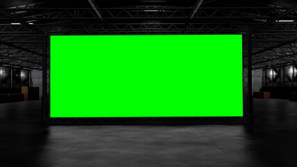 3d rendering of dark empty factory interior or empty warehouse, a green screen backdrop in the middle