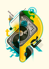 Wall Mural - Abstract style poster design with turntable, typography and various designed objects in color. Vector illustration.