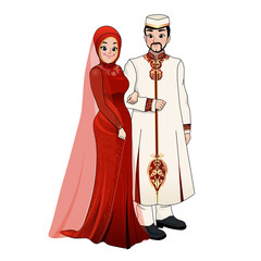 A couple bride and groom wearing traditional muslim wedding dress, standing side by side, isolated background