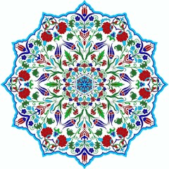 Wall Mural - Floral hand drawn Mandala. Turkish motif. Round colorful floral ornament in traditional Oriental pattern. Isolated decorative element for card design, t-shirt print, ceramic tile.