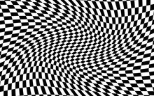 Black And White Distorted Checkered Pattern Background. Vector Illustration Of Black And White Squares. Torsion, Twist, Rotary Deform, Gyration, Revolve Checkerboard Graphic. Racing Finish Flag.