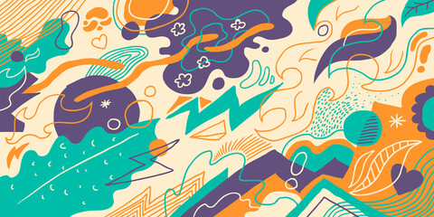 Wall Mural - Abstract retro illustration in colorful hand drawn style. Vector illustration.