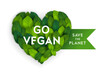 Ecology theme go vegan flyer template with heart shape bright fresh green leaves lettering concept on white background. Poster, card, banner stylish design. Vector illustration EPS10