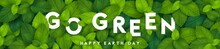 Vertical Ecology Theme Banner Template With Realistic Leaves And Go Green Lettering. Vector Illustration. Happy Earth Day