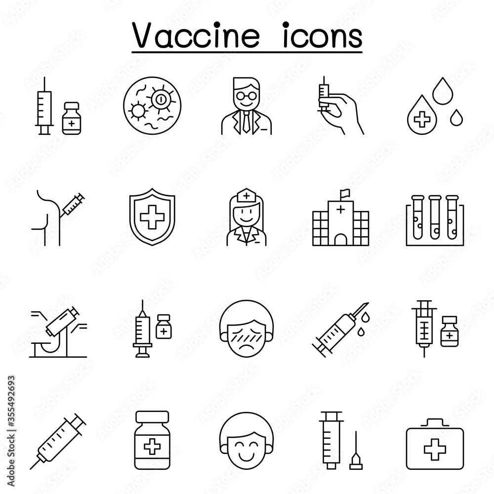 Vaccine icons set in thin line style - obrazy, fototapety, plakaty 