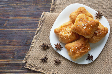 Mantije ( manti ) - pastry,  popular national dish of Balkan cuisine.  Flat lay, space for text