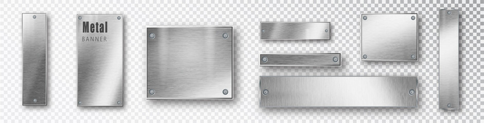 Wall Mural - Metal banners set realistic. Vector Metal brushed plates with a place for inscriptions isolated on transparent background. Realistic 3D design. Stainless steel background.