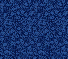 Seamless Floral Pattern For Design. Small Blue Flowers And Leaves. Dark Blue Background. Modern Floral Texture.The Elegant The Template For Fashion Prints.