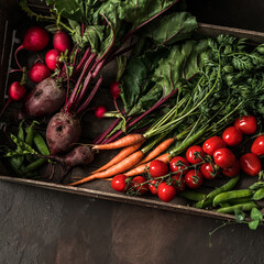 Wall Mural - Fresh vegetables, radish, tomato, carrot, beetroot, peas in wooden box on dark background. Freshly bunch harvest. Healthy organic food, agriculture, top view