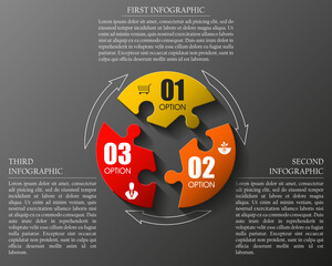 Fototapete - Three sided 3d puzzle presentation infographic template with explanatory text field for business statistics