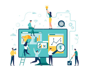 Vector illustration. Creative teamwork. People are building a business project on the Internet. The monitor screen is a building site. Collective performance of tasks. - Vector 
