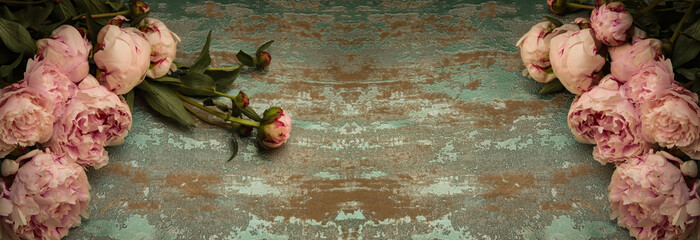 Sticker - romantic background with peonies on a green marbled surface