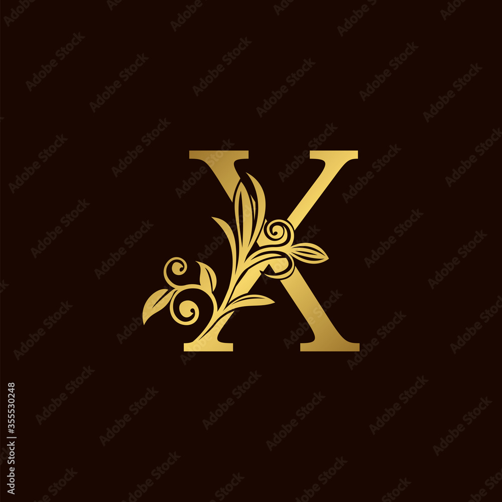 Gold Nature Leaf X Luxury Letter Logo Concept. Elegant floral style with alphabet font vector design template.