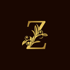 Gold Nature Leaf Z Luxury Letter Logo Concept. Elegant floral style with alphabet font vector design template.