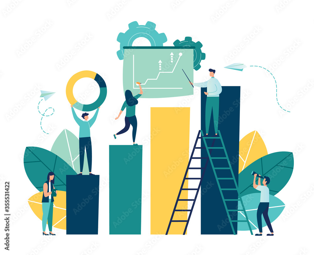 illustration of business, office workers study infographics on a graph ...