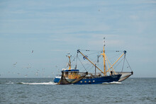 Blue Fishing Boat At Sea With Seagulls Following