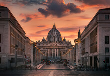 Rome View Of San Peter Basilica At Sunset