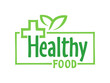 © Dmitry Kovalchuk - Healthy food logo or sticker template - green artistic text in frame with healthcare cross and green leaf