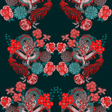 Creative Seamless Pattern With Hand Drawn Chinese Art Elements: Dragon, Lantern, Fan And Flowers. Trendy Print. Fantasy Chinese Dragon, Great Design For Any Purposes. Asian Culture. Abstract Art.